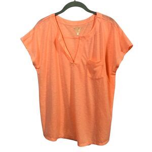 Lilly Pulitzer V-Neck Top Large Orange Pocket Tee Split Back Athletic Casual